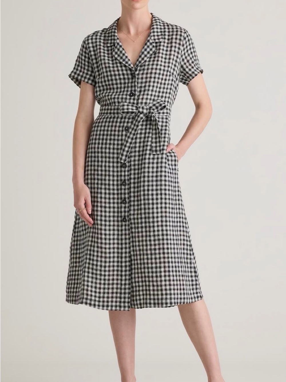 Quince Black & White Gingham Tie-Waist Shirt Dress